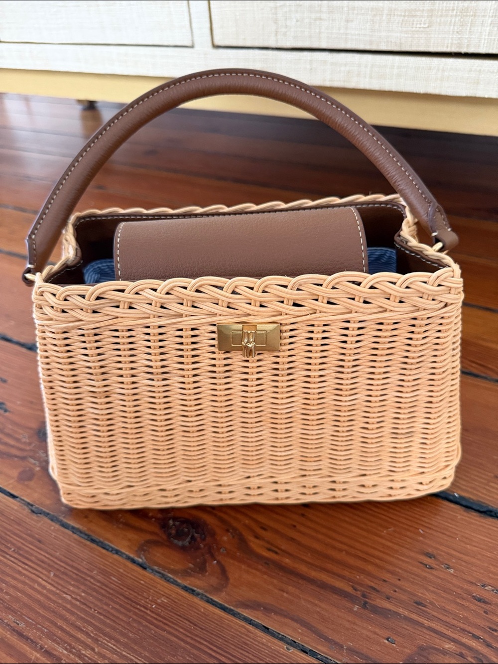 J McLaughlin Woven Rattan Top-Handle Bag in Natural and Brown